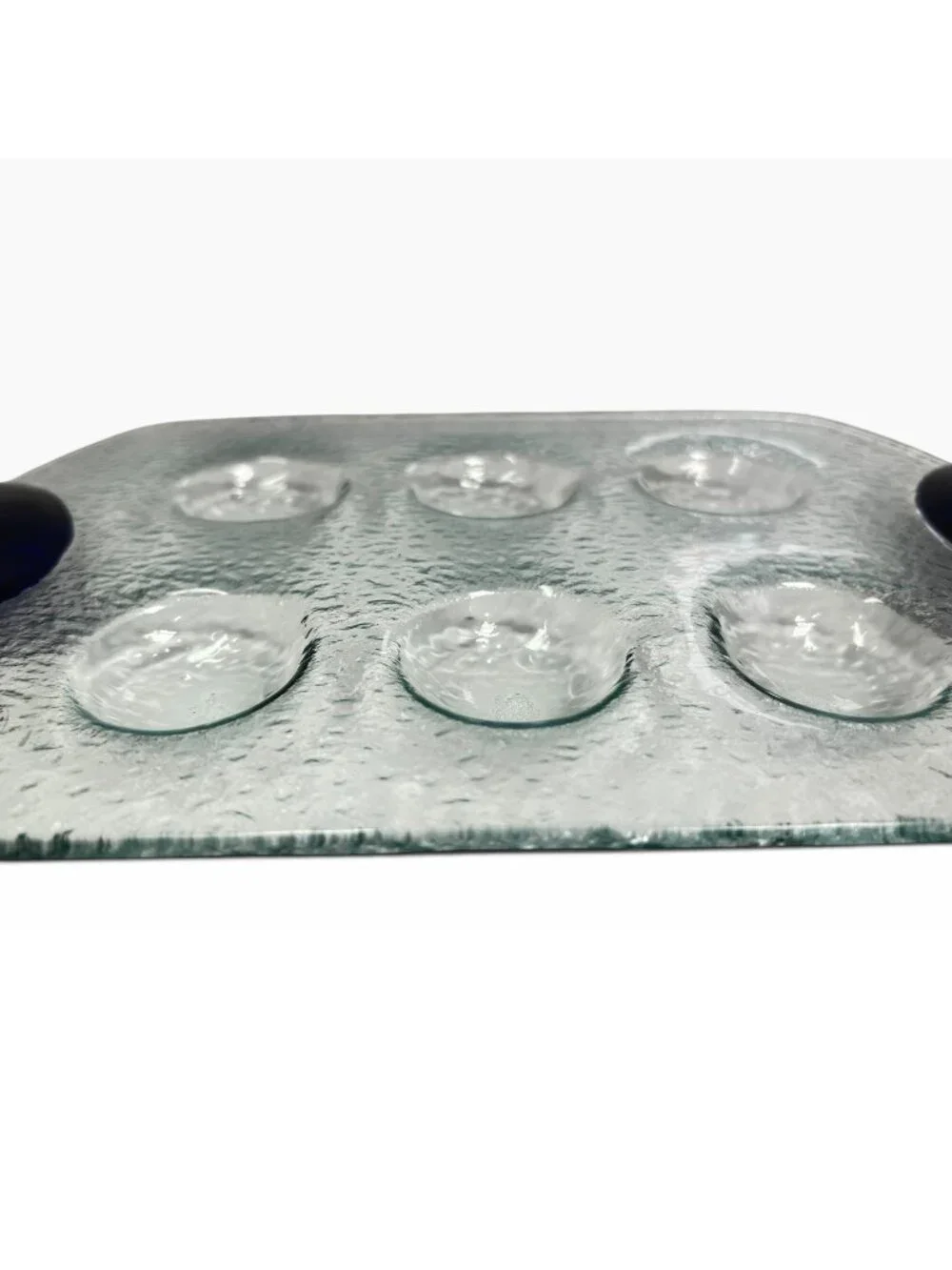 Dansk Glass Escargot Deviled Egg Platter Tray Dark Blue Handles Textured Clear